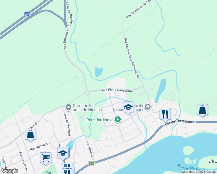 map of restaurants, bars, coffee shops, grocery stores, and more near 801 Avenue Pierre-Dansereau in Terrebonne