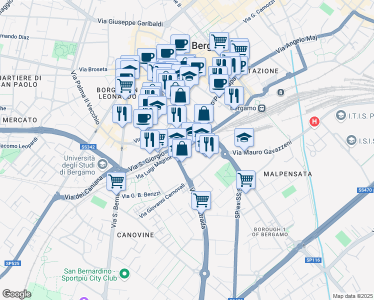 map of restaurants, bars, coffee shops, grocery stores, and more near Via Costantino Simoncini in Bergamo