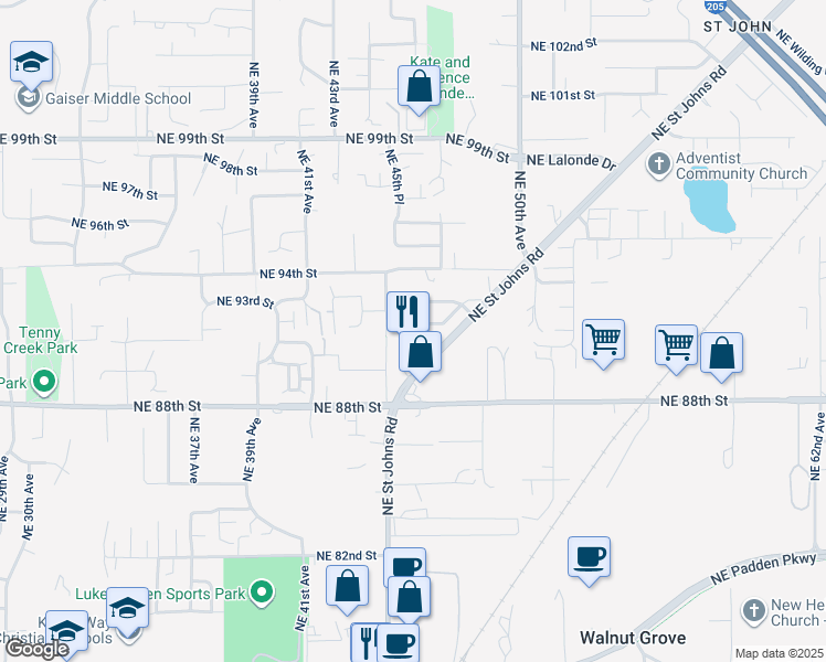 map of restaurants, bars, coffee shops, grocery stores, and more near 4525 Northeast 91st Way in Vancouver