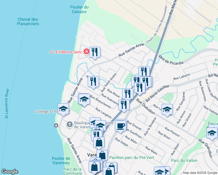 map of restaurants, bars, coffee shops, grocery stores, and more near 34 Rue Rioux in Varennes