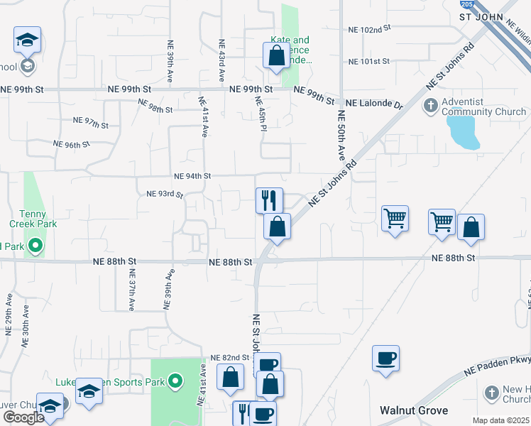 map of restaurants, bars, coffee shops, grocery stores, and more near 4513 Northeast 91st Way in Vancouver