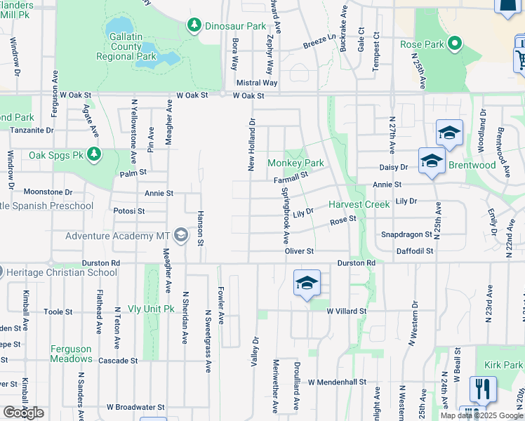 map of restaurants, bars, coffee shops, grocery stores, and more near 3163 Lily Drive in Bozeman
