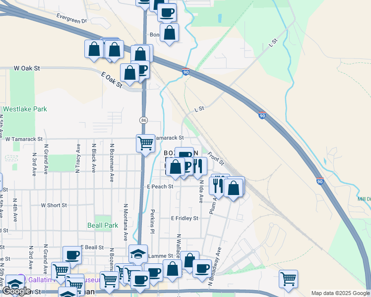 map of restaurants, bars, coffee shops, grocery stores, and more near 803 N Wallace Ave in Bozeman