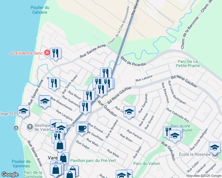 map of restaurants, bars, coffee shops, grocery stores, and more near 101 Rue Liebert in Varennes