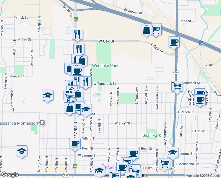 map of restaurants, bars, coffee shops, grocery stores, and more near 821 North Grand Avenue in Bozeman