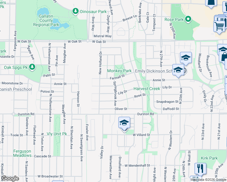 map of restaurants, bars, coffee shops, grocery stores, and more near 3103 Annie Street in Bozeman