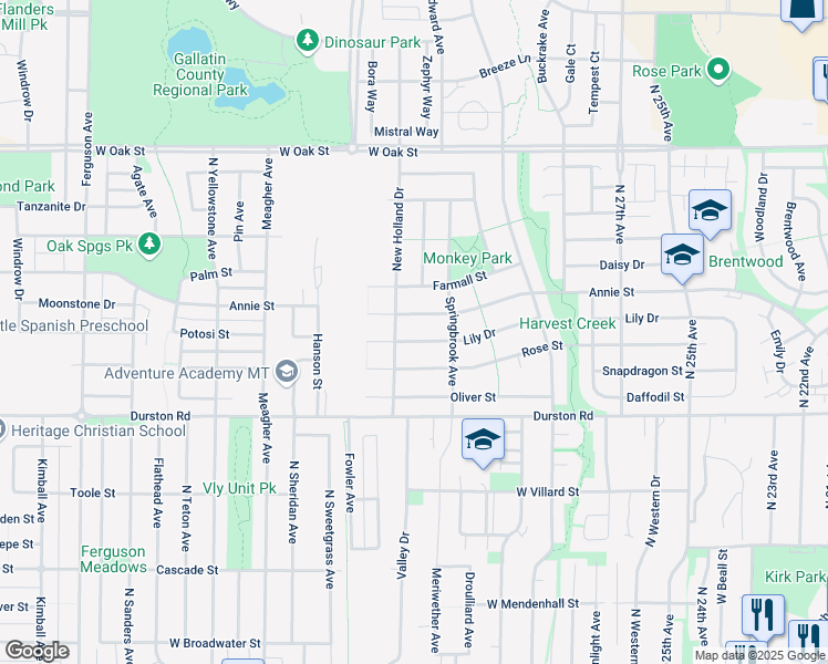 map of restaurants, bars, coffee shops, grocery stores, and more near 3193 Annie Street in Bozeman