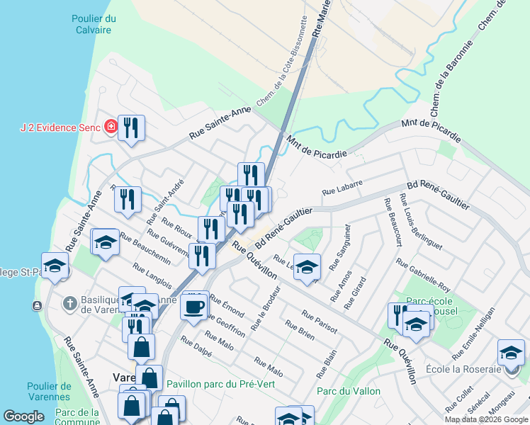 map of restaurants, bars, coffee shops, grocery stores, and more near 113 Rue Liebert in Varennes