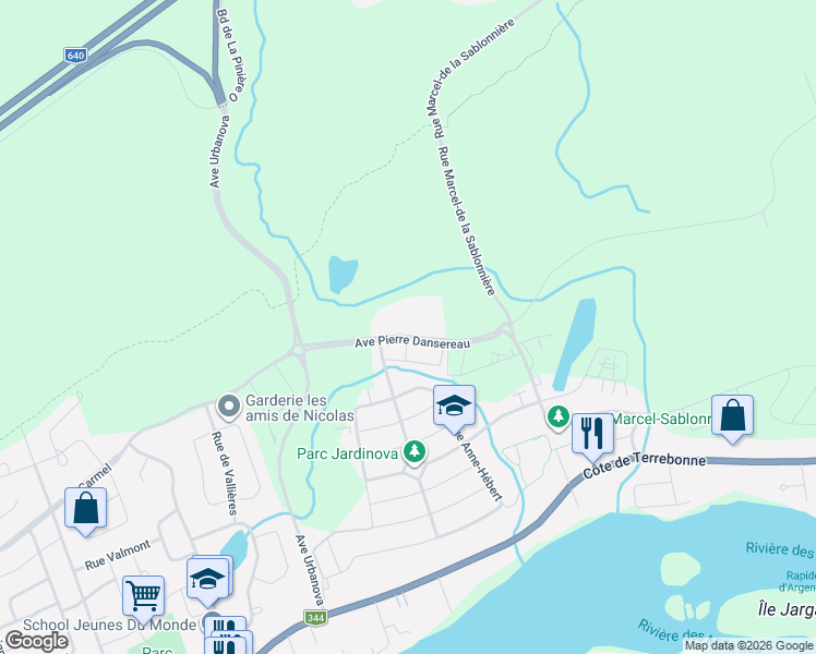 map of restaurants, bars, coffee shops, grocery stores, and more near 851 Avenue Pierre-Dansereau in Terrebonne