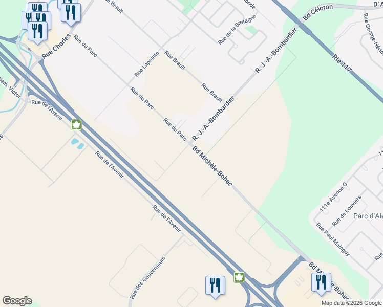 map of restaurants, bars, coffee shops, grocery stores, and more near 18070 Rue J.-A.-Bombardier in Mirabel