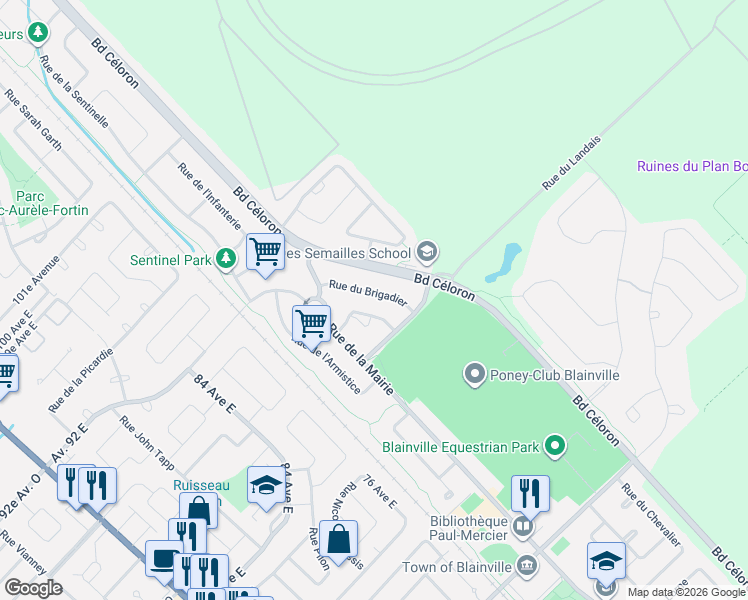 map of restaurants, bars, coffee shops, grocery stores, and more near 18 Rue du Brigadier in Blainville