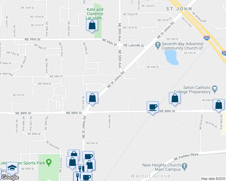 map of restaurants, bars, coffee shops, grocery stores, and more near 9125 Northeast Saint Johns Road in Vancouver