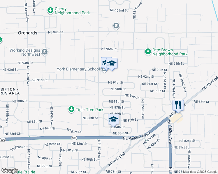 map of restaurants, bars, coffee shops, grocery stores, and more near 15301 Northeast 91st Street in Vancouver
