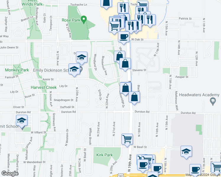 map of restaurants, bars, coffee shops, grocery stores, and more near 2055 North 22nd Avenue in Bozeman