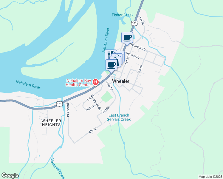 map of restaurants, bars, coffee shops, grocery stores, and more near in Wheeler