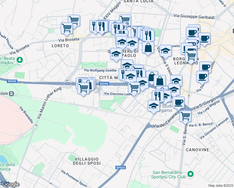 map of restaurants, bars, coffee shops, grocery stores, and more near 14 Via Giacomo Leopardi in Bergamo