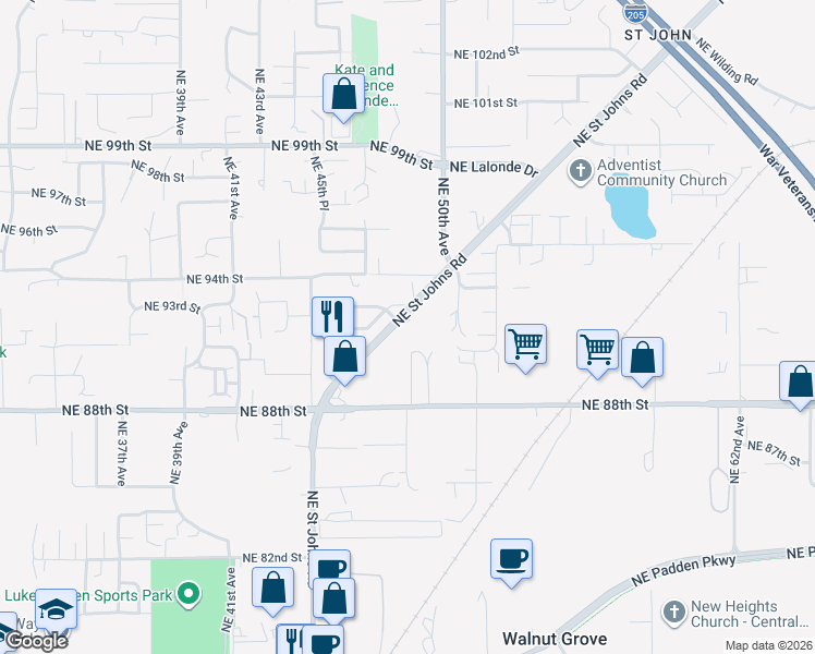 map of restaurants, bars, coffee shops, grocery stores, and more near 9125 Northeast Saint Johns Road in Vancouver