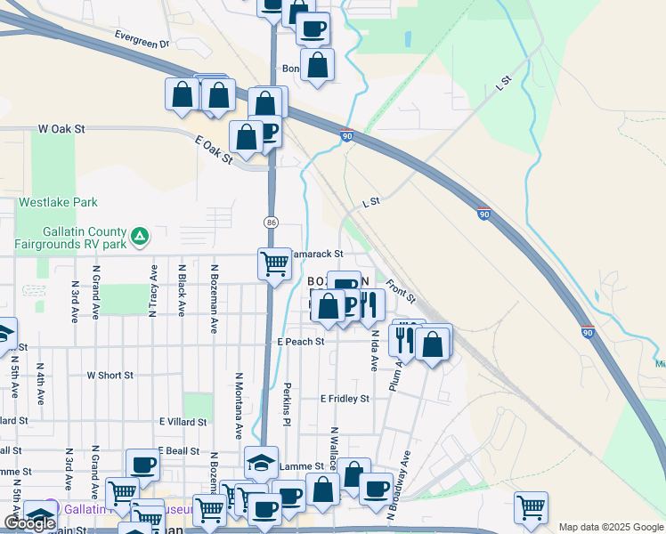 map of restaurants, bars, coffee shops, grocery stores, and more near 803 North Wallace Avenue in Bozeman