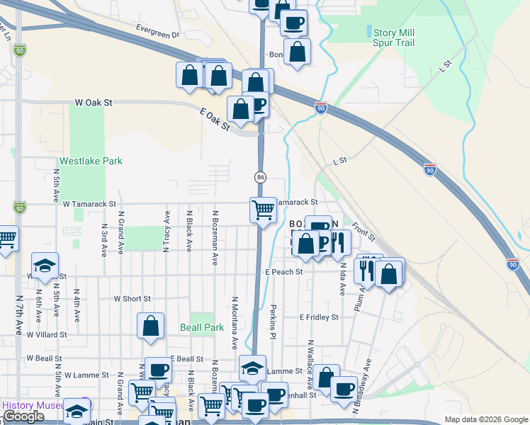 map of restaurants, bars, coffee shops, grocery stores, and more near 822 Montana 86 in Bozeman