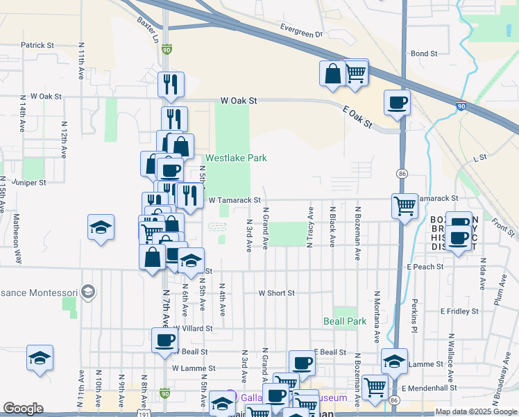 map of restaurants, bars, coffee shops, grocery stores, and more near 821 North Grand Avenue in Bozeman