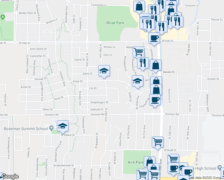 map of restaurants, bars, coffee shops, grocery stores, and more near 872 Roger's Way in Bozeman