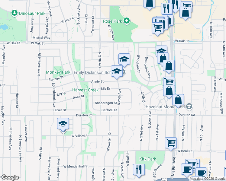 map of restaurants, bars, coffee shops, grocery stores, and more near 2507 Lily Drive in Bozeman
