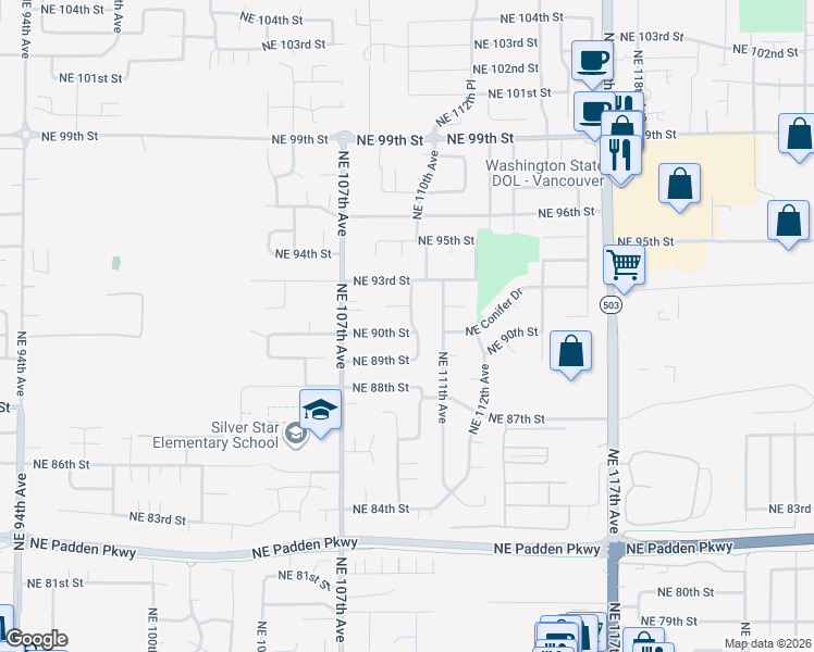 map of restaurants, bars, coffee shops, grocery stores, and more near 9109 Northeast 109th Avenue in Vancouver