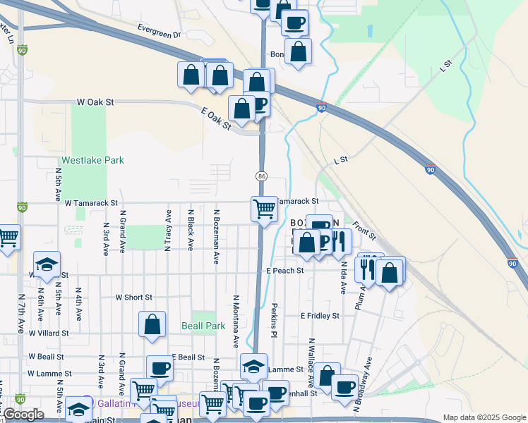 map of restaurants, bars, coffee shops, grocery stores, and more near 816 North Rouse Avenue in Bozeman