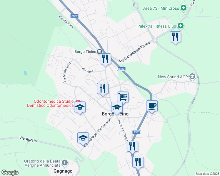 map of restaurants, bars, coffee shops, grocery stores, and more near 20 Piazza Martiri in Borgo Ticino