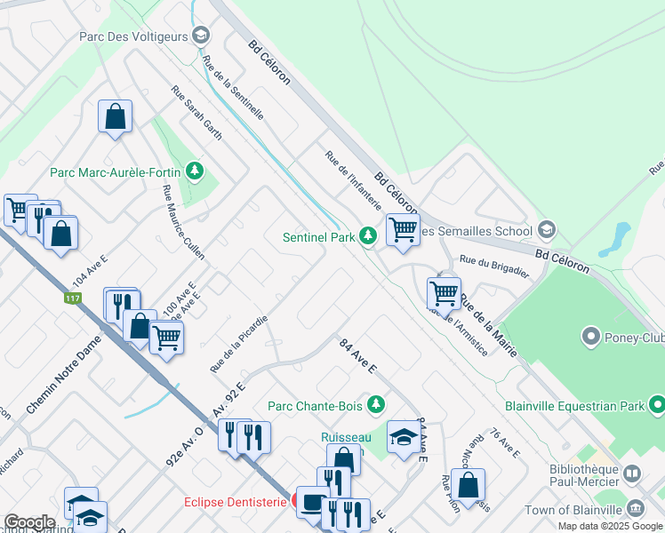 map of restaurants, bars, coffee shops, grocery stores, and more near 28 Rue de la Flandre in Blainville