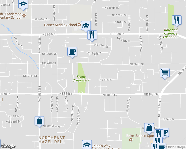 map of restaurants, bars, coffee shops, grocery stores, and more near 9104 Northeast 33rd Place in Vancouver