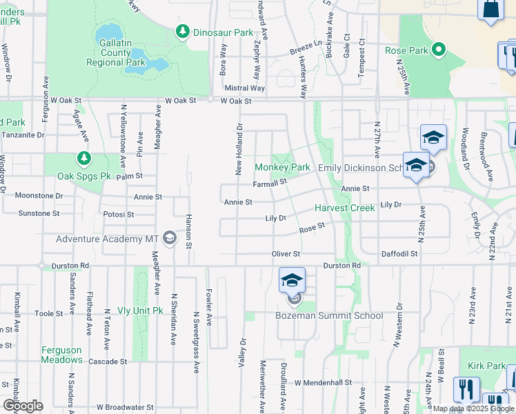 map of restaurants, bars, coffee shops, grocery stores, and more near 3134 Annie Street in Bozeman
