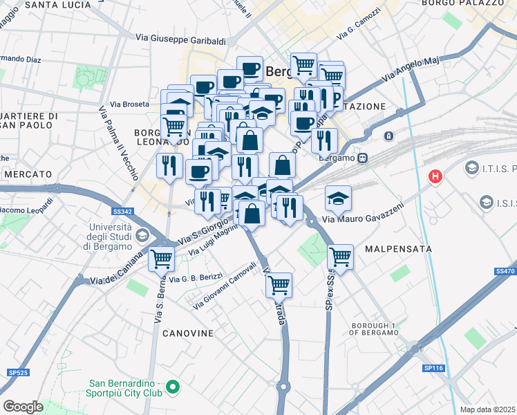 map of restaurants, bars, coffee shops, grocery stores, and more near Via Costantino Simoncini in Bergamo
