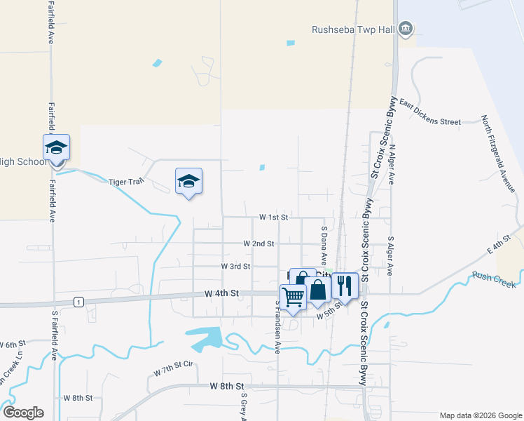 map of restaurants, bars, coffee shops, grocery stores, and more near 475 West 1st Street in Rush City