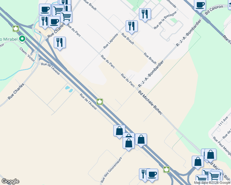 map of restaurants, bars, coffee shops, grocery stores, and more near 18101 Rue J A Bombardier in Mirabel