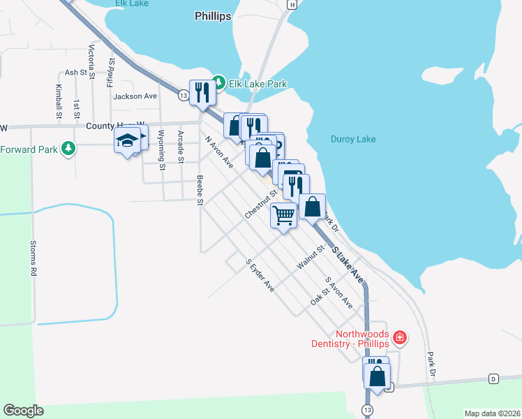 map of restaurants, bars, coffee shops, grocery stores, and more near 104 South Avon Avenue in Phillips