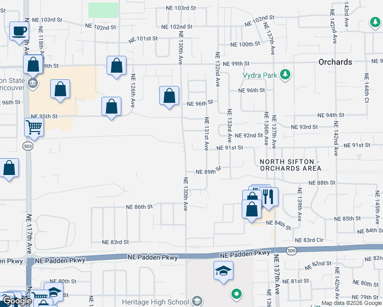 map of restaurants, bars, coffee shops, grocery stores, and more near 13013 Northeast 91st Circle in Vancouver
