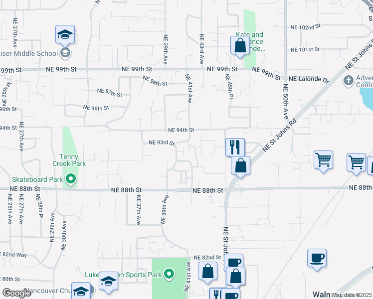 map of restaurants, bars, coffee shops, grocery stores, and more near 4009 Northeast 93rd Street in Vancouver