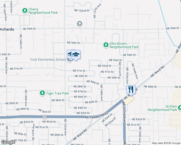 map of restaurants, bars, coffee shops, grocery stores, and more near 15605 Northeast 91st Street in Vancouver