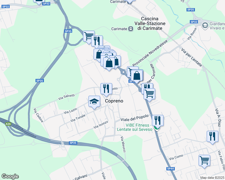 map of restaurants, bars, coffee shops, grocery stores, and more near 19 Via Trieste in Lentate sul Seveso