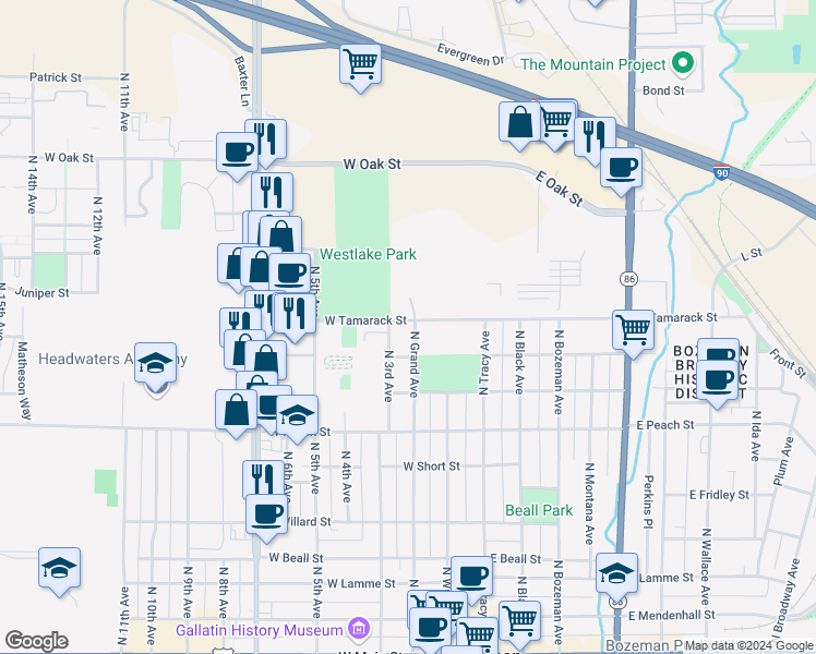 map of restaurants, bars, coffee shops, grocery stores, and more near 821 North Grand Avenue in Bozeman