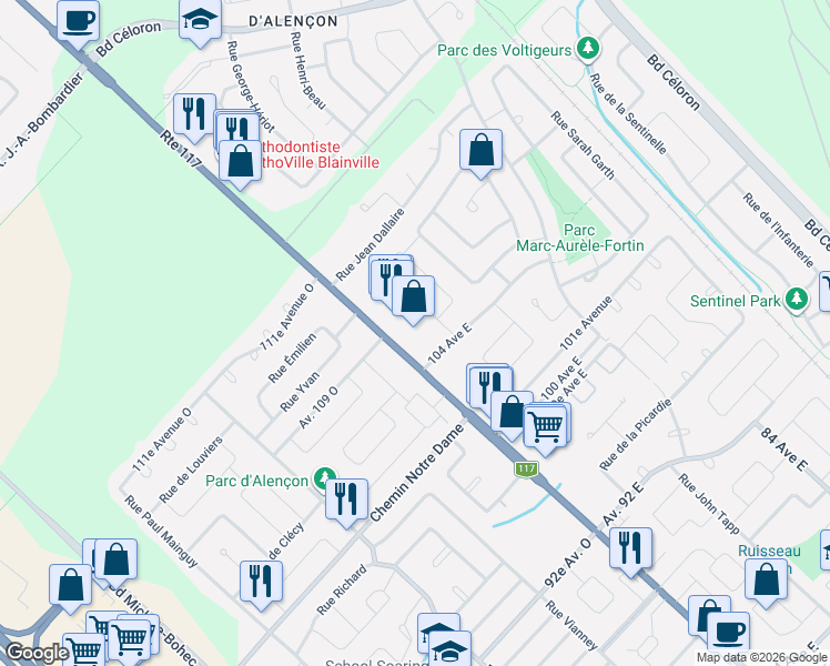 map of restaurants, bars, coffee shops, grocery stores, and more near 1340 Boulevard Curé-Labelle in Blainville