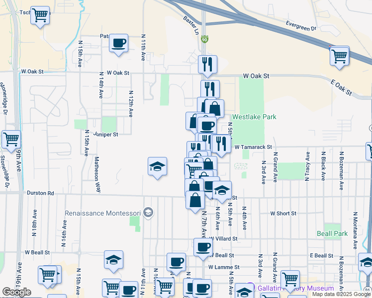 map of restaurants, bars, coffee shops, grocery stores, and more near 923 North 7th Avenue in Bozeman