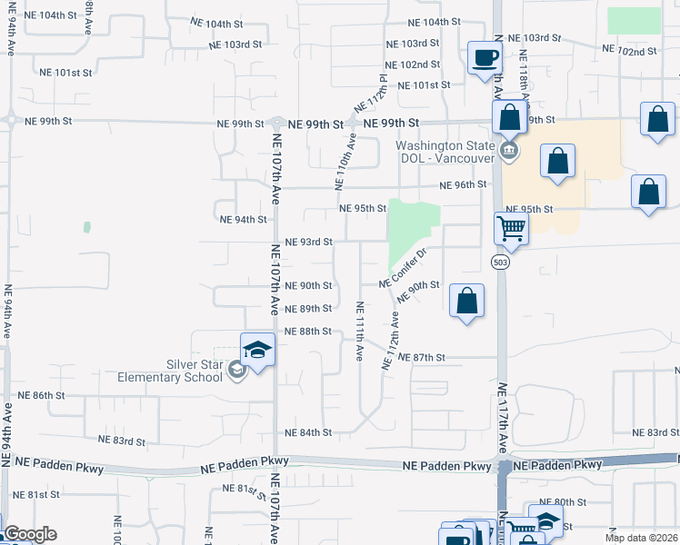 map of restaurants, bars, coffee shops, grocery stores, and more near 9109 Northeast 109th Avenue in Vancouver