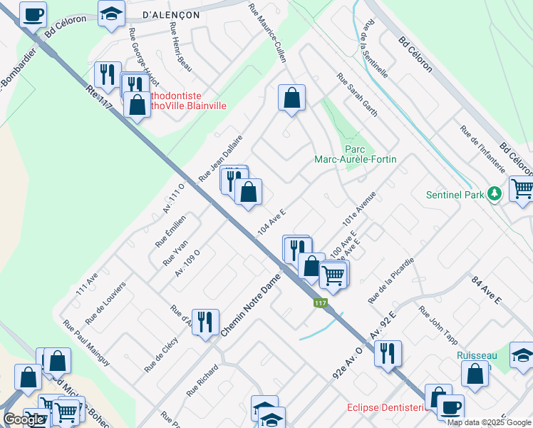 map of restaurants, bars, coffee shops, grocery stores, and more near 3 Rue Ozias Leduc in Blainville