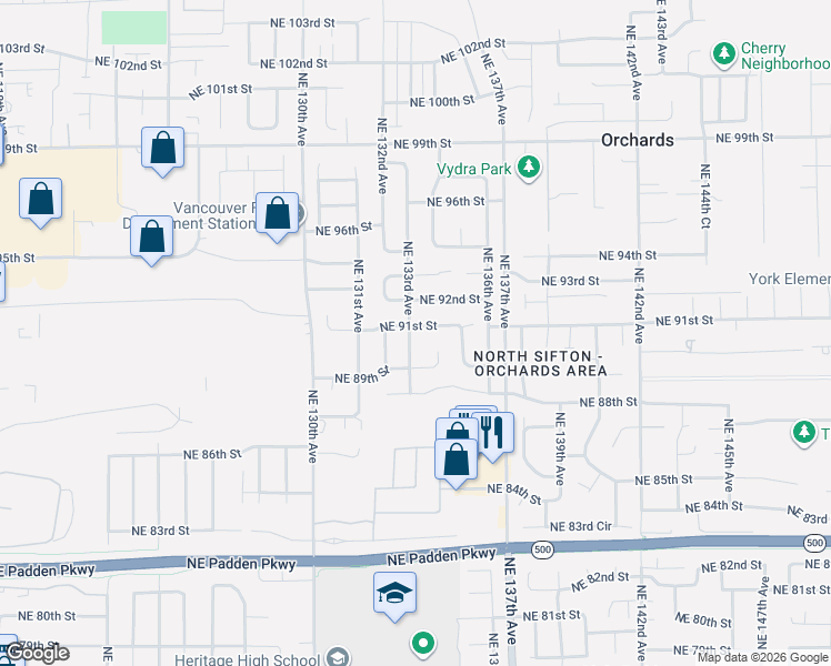 map of restaurants, bars, coffee shops, grocery stores, and more near 13301 Northeast 91st Street in Vancouver