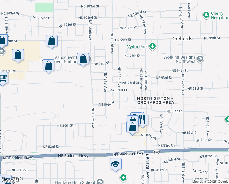 map of restaurants, bars, coffee shops, grocery stores, and more near 13201 Northeast 91st Street in Vancouver