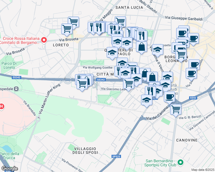 map of restaurants, bars, coffee shops, grocery stores, and more near 14 Via Giacomo Leopardi in Bergamo
