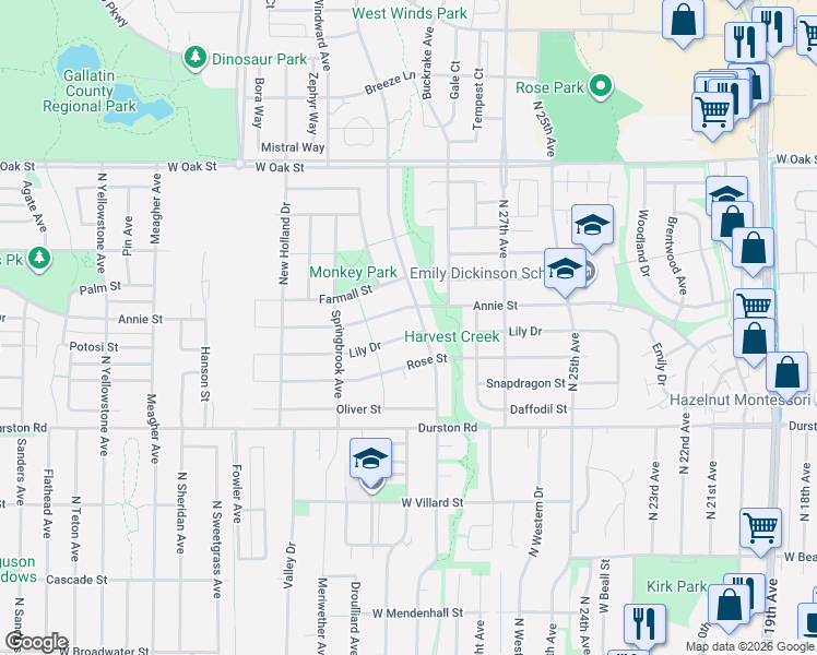 map of restaurants, bars, coffee shops, grocery stores, and more near 2907 Lily Drive in Bozeman