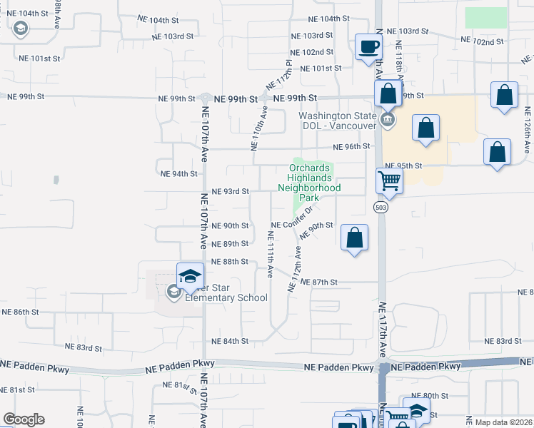 map of restaurants, bars, coffee shops, grocery stores, and more near 11105 Northeast 92nd Circle in Vancouver